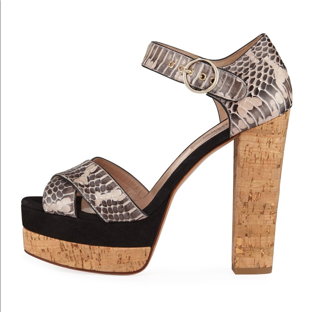 Valentino Garavani Cork-Heel Snake-Skin Sandals - Picture 2 of 8